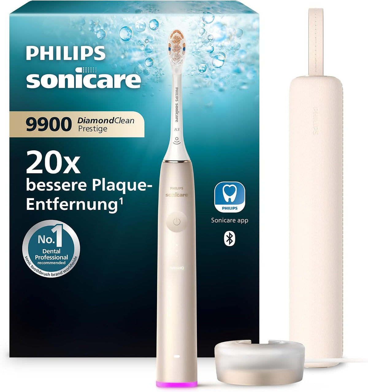 Philips Sonicare DiamondClean Prestige 9900 Electric Toothbrush - Sonic Toothbrush with 1 x A3 Premium All-in-One Brush Head and Charging Case in Champagne (Model HX9992/11)
